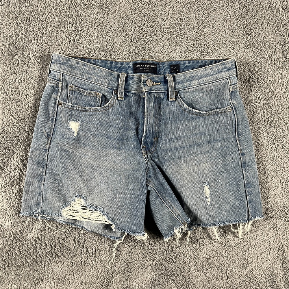 Lucky Brand Boyfriend Shorts Womens 6/28 Blue Denim Distressed 5-Pocket Raw Hem